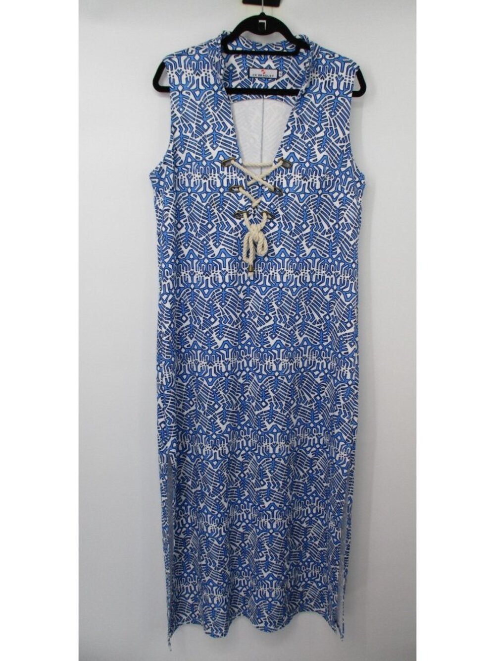 CK Bradley Womens XL Dress White Geometric Beach Nautical Maxi Blue White Beach